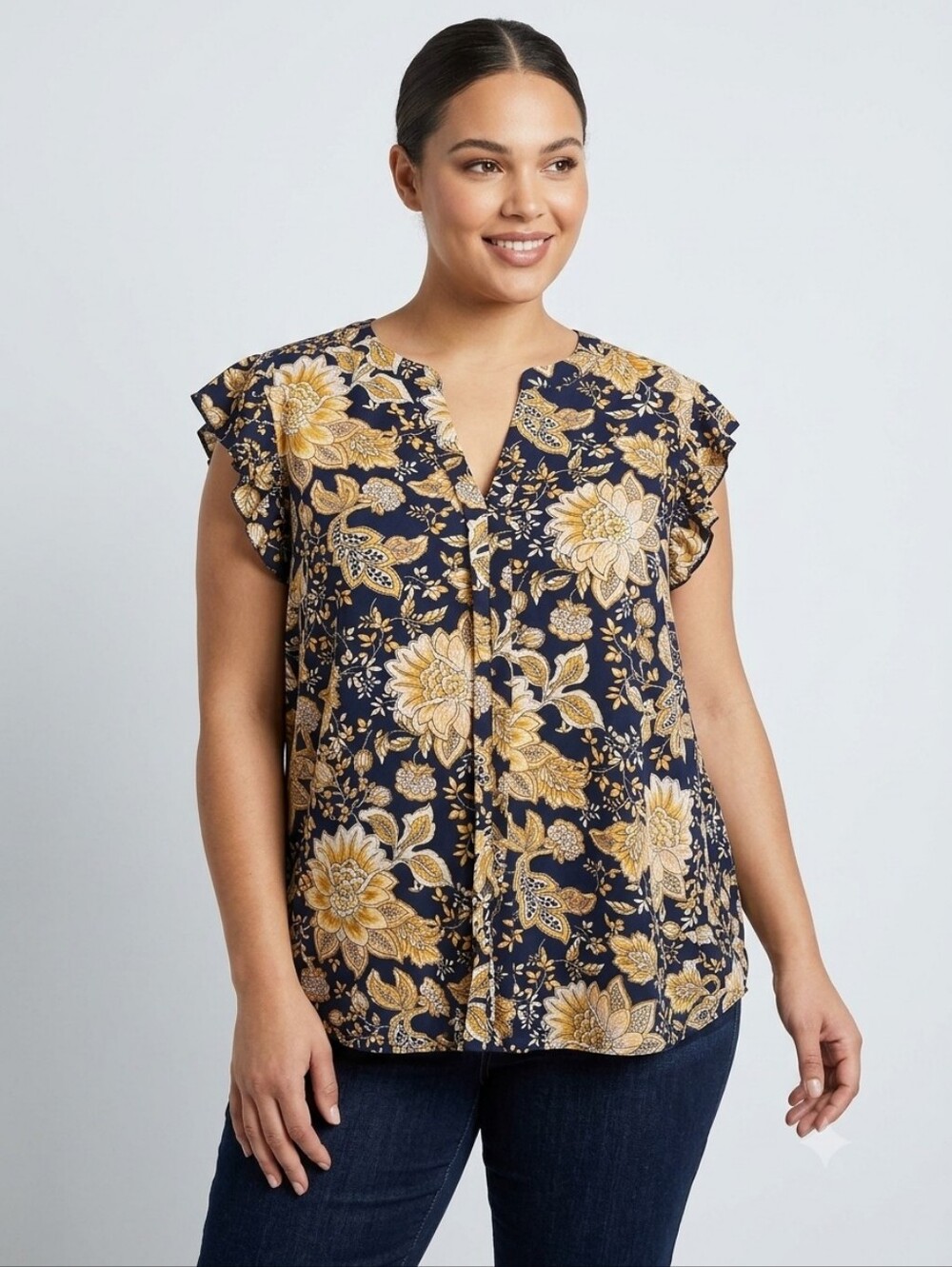 Perception Woman Floral Split-Neck Flutter Sleeve Top - Navy & Mustard, Size 2X
